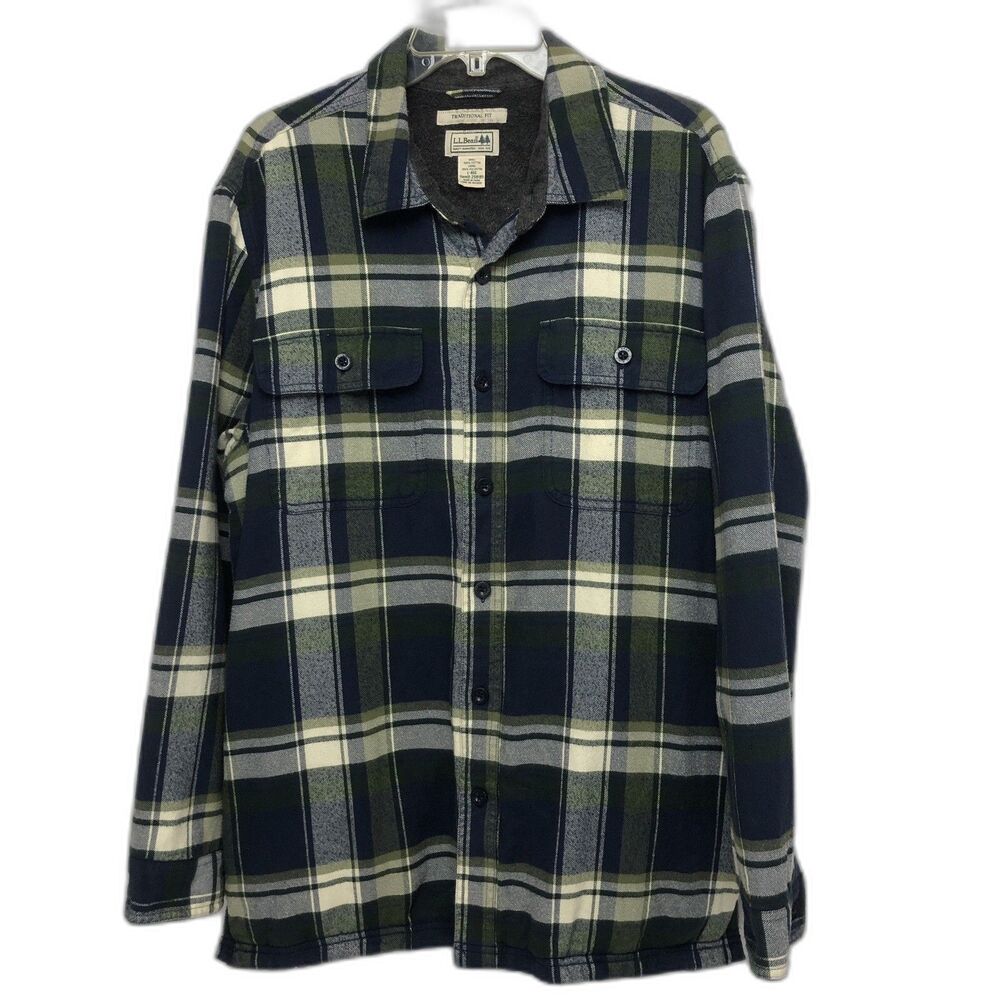 LL Bean Jacket Mens Large Blue Plaid Fleece Lined Flannel Shacket Shirt 298189
